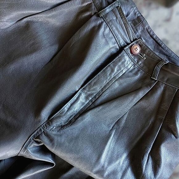 Vtg 80s Carla New York olive cropped leather trousers - Picture 6 of 14